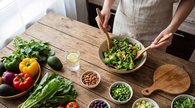 A person preparing a fresh green salad on a rustic wooden table with colorful vegetables and healthy ingredients. Aesthetic wellness and nutrition concept for 2026 branding and stock photography.
