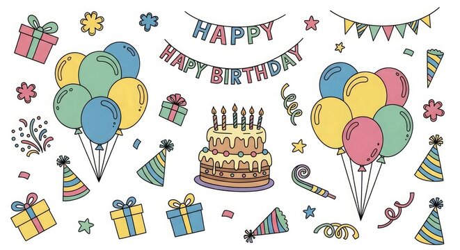 Colorful birthday celebration with cake balloons gifts and decorations on white background