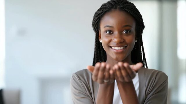 Give to gain gesture by a smiling woman offering open hands, international women's day march 8, gender equality, women's rights, empowerment, allyship, solidarity, inclusion, diversity, equity