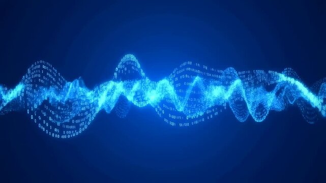 Abstract digital wave with binary code flowing in a blue background. Represents data transmission, technology, and digital communication concepts