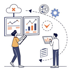 Two people working with data on computers and graphs