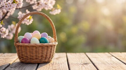 Hand reaching for a wicker basket full of colorful painted Easter eggs on a rustic wooden table by a sunlit window. Authentic lifestyle photography for 2026 seasonal holiday marketing.