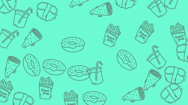 Dynamic fast food snack montage video with doodle icons.