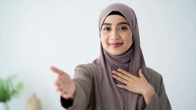 Muslim woman extends hand for solidarity, promoting gender equality, women empowerment, International Women's Day, social justice, diversity, inclusion, allyship, intersectional feminism