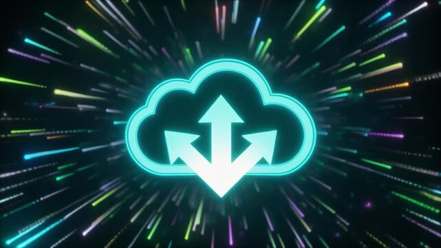 Cyan neon cloud icon with three outward arrows and colorful light streaks radiating outwards symbol