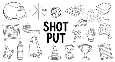 Fototapeta premium Collection of hand-drawn icons representing shot put sport and training elements