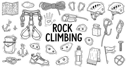 Collection of hand-drawn rock climbing equipment and symbols for adventure sports