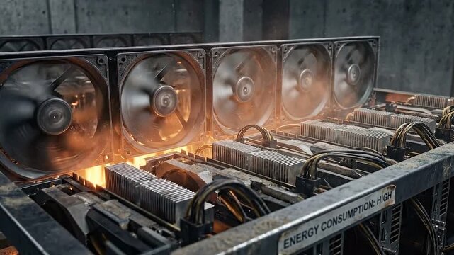 Cryptocurrency mining rig overheating with spinning fans and smoke. High energy consumption label on hardware. Bitcoin mining concept