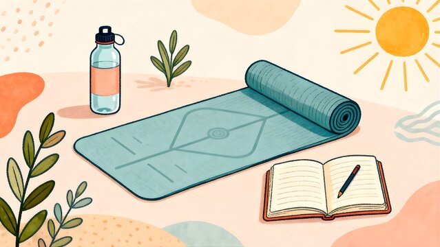 Yoga mat, water bottle, journal, outdoors serene