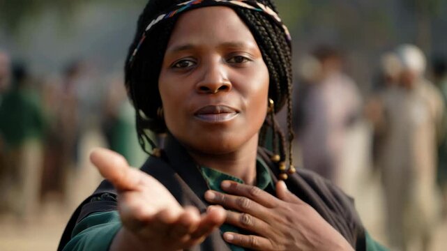 Young Black woman reaching out with open hand and hand on chest in Give To Gain gesture for International Women's Day IWD 2026, community outreach, empowerment, diversity and inclusion campaign