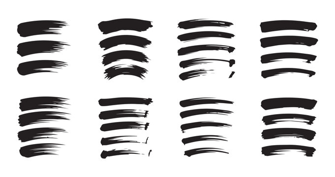 Realistic black paint brush strokes and ink textures with curved shapes for artistic design and layouting