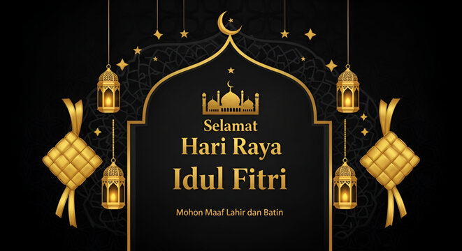 Elegant selamat hari raya idul fitri greeting with golden mosque lantern ketupat ornament on dark background for islamic festival celebration vector design