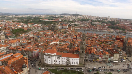 Fototapeta premium Drone photograph of the Clérigos Tower and the city of Porto in Portugal.