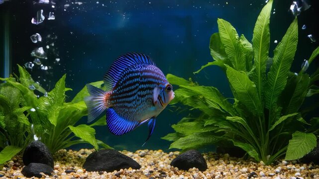 Vibrant blue fish swimming in a freshwater aquarium environment