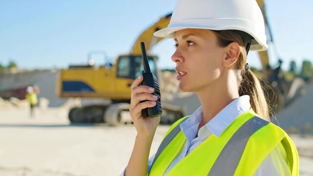 Construction worker talking on radio wearing hard hat and safety vest outdoors