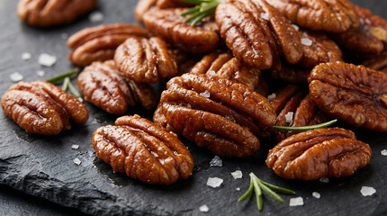Obraz premium Closeup of delicious roasted pecans with rosemary and salt, showcasing rich texture and natural goodness