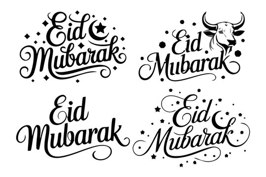 Eid Mubarak Calligraphy Designs Featuring Cows and Ornate Lettering in Various Styles