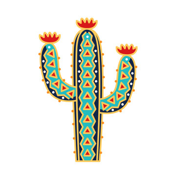 Colorful patterned cactus icon. Saguaro cactus with ornament vector illustration.