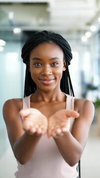 Give to gain gesture by young woman with open palms, international women&rsquo;s day march 8 campaign, gender equality women&rsquo;s rights equity inclusion diversity empowerment allyship solidarity