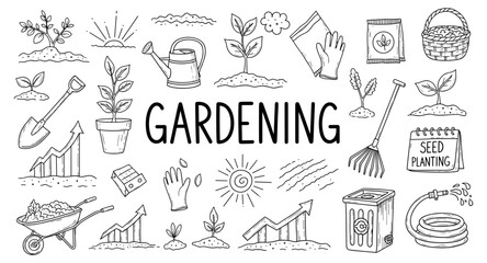 Obraz premium Doodle illustration of gardening tools and plants, symbolizing growth and cultivation