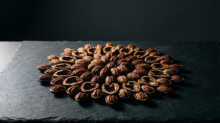 Obraz premium Pile of raw pecan halves and shells artfully arranged on a dark slate surface