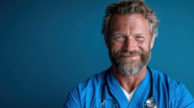 A friendly male doctor in scrubs, radiating positivity and professionalism while holding a stethoscope, symbolizes compassion and dedication in the field of healthcare.