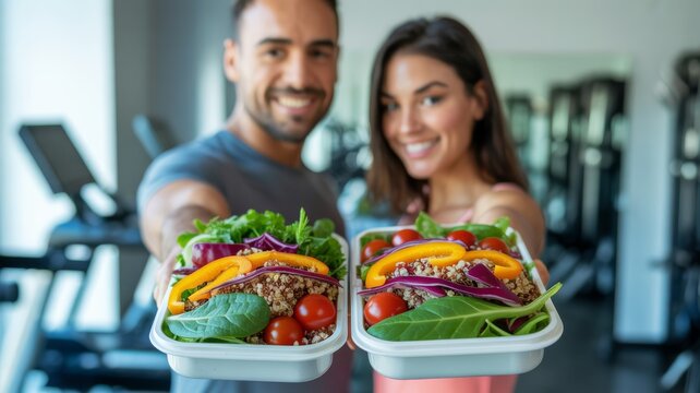 A smiling man and woman hold containers with fresh, colorful salads featuring spinach, tomatoes, and peppers in a bright, modern kitchen.