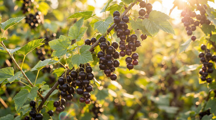 Grappes de cassis m&ucirc;rs dans un verger ensoleill&eacute; &agrave; contre-jour