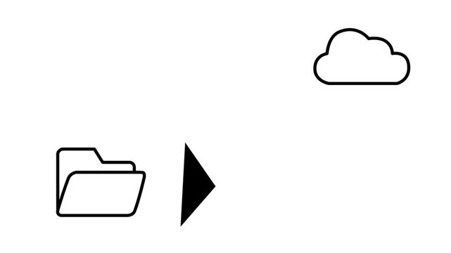 Animation of a folder icon uploading data to a cloud icon, concept of cloud storage and backup.