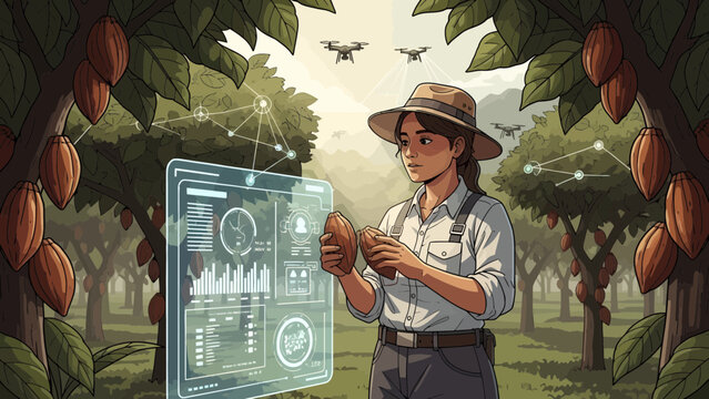 Cocoa Farmer Analyzing Data on Transparent Display in Plantation.