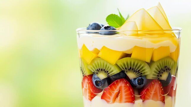 Vibrant layered fruit parfait in a glass with fresh kiwi mango strawberries and blueberries showcasing healthy eating and delicious summer desserts against a blurred green background