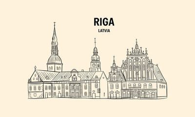 Fototapeta premium Riga Latvia skyline sketch with historic buildings and spires architecture