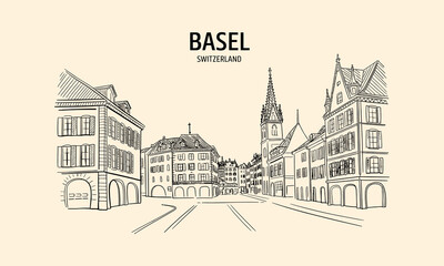 Fototapeta premium Basel Switzerland Old Town Street Scene Sketch 