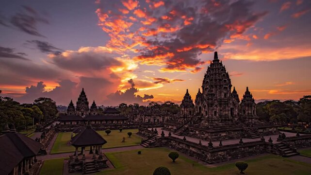 Dramatic Sunset Over Prambanan Temple, Yogyakarta, Indonesia: A Timelapse Video of the Ancient Site
