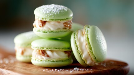 A mouth-watering display of vibrant green macarons filled with creamy goodness, elegantly arranged on a wooden platter, capturing the essence of gourmet desserts.
