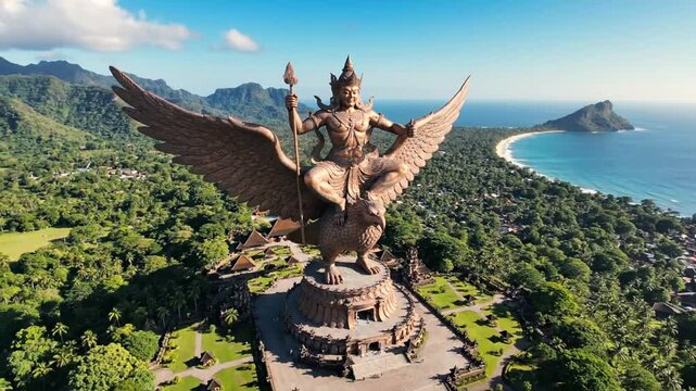 Drone Shot of Garuda Wisnu Kencana Cultural Park in Bali, Indonesia during sunny day