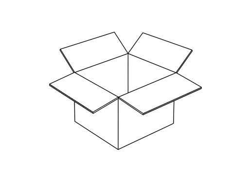 Black and white line drawing of an open corrugated cardboard box