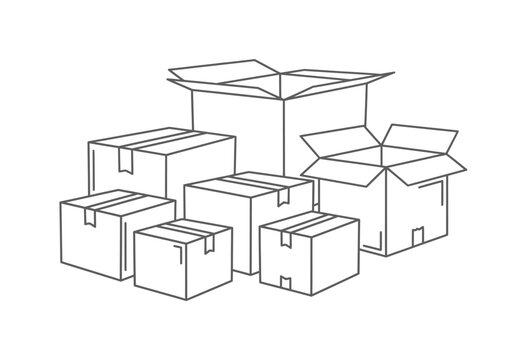 Stack of varioussized cardboard shipping boxes some open line art
