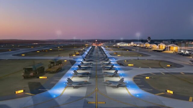 F-35 Fighter Jets Lined Up on an Airfield Runway at Dusk in a Stunning Aerial View