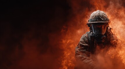 A dramatic portrayal of a figure in protective gear amidst swirling flames and smoke, representing bravery, resilience, and the fight against adversity.