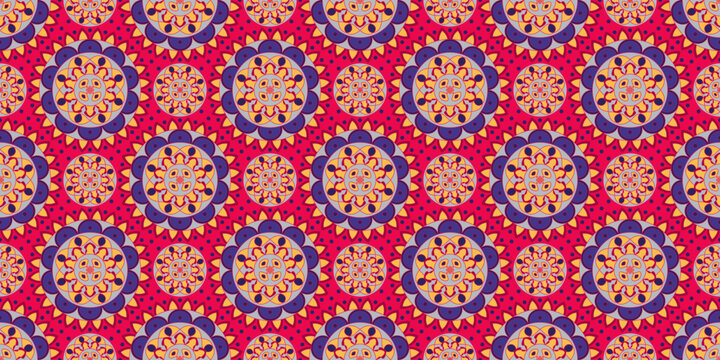 Seamless pattern with traditional Indian floral ornament for fabric swatch or wrapping paper. Vector abstract kaleidoscopic background
