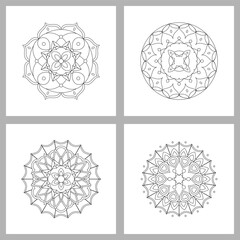 Asian floral mandalas set for adults coloring book. Vector ethnic circular ornaments. Black and white linear illustrations