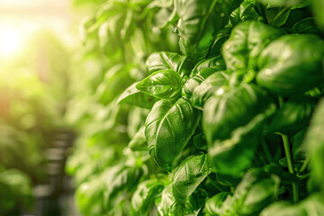 Potted fresh basil clusters in greenhouse ready for organic harvest. Hydroponics cultivation for commercial farming.