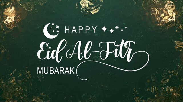 Happy eid al-fitr mubarak text animation with moon and stars on a dark green background. Perfect for festive social media posts.