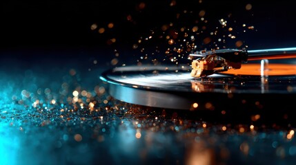 This image captures a close-up of a vinyl turntable needle on a record, showcasing the artistry of music and the nostalgic vibe of analog sound in a dynamic setting.