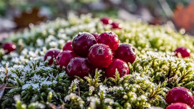 Cluster of red berries on a frosty green bush in winter.