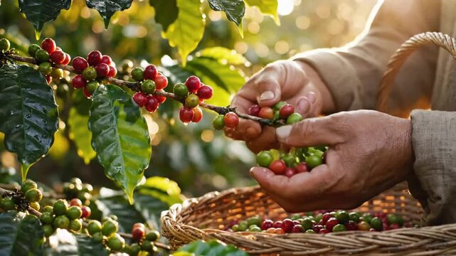 Harvesting coffee beans by hand, fresh coffee from the farm to your table, coffee process