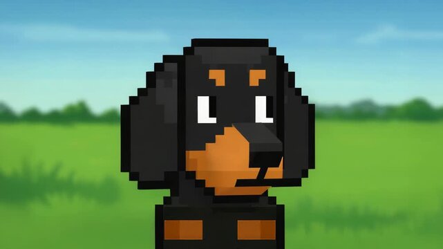 Pixelated dog's whimsical expressions in lush pasture reveal playful charm