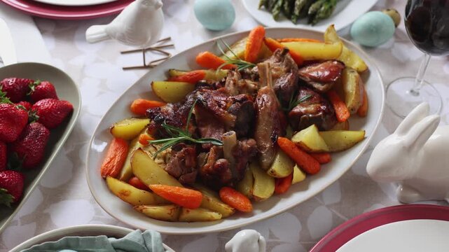 Easter dinner, panoramic video view of a table with Easter eggs, plate with traditional baked  lamb and potato, asparagus and strawberries.