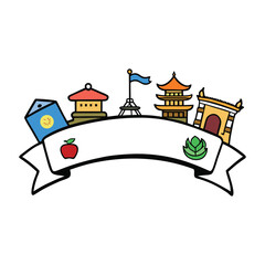 Obraz premium A vibrant Korea journey banner featuring traditional fans, hanbok, Korean lanterns, and cultural icons, capturing the spirit and charm of Korea in one scene. 